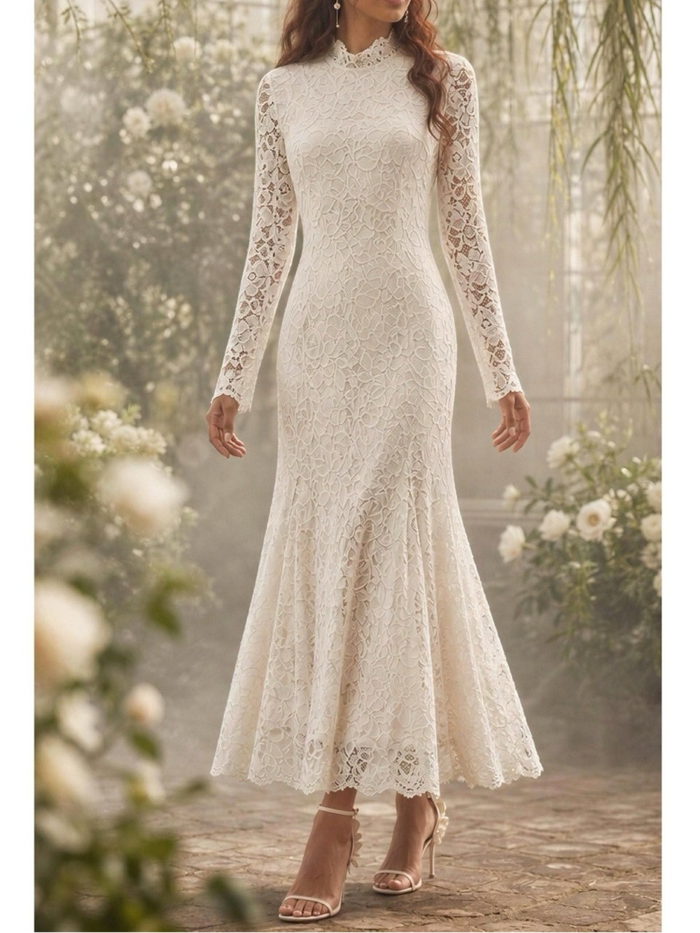 BHLDN Long-Sleeve Mock-Neck Stretch Lace Maxi Dress, White Dahlia, Small